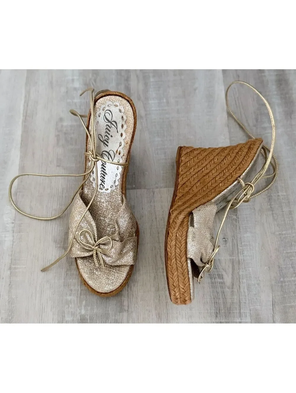 Juicy Couture Y2K Gold Bow Lace-Up Platform Espadrille Sandals Women Size 7